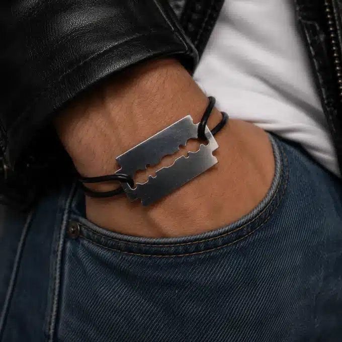 N4161 Bracelet homme lame de rasoir Acier inoxydable cuir réglable - Bijoux bracelets hommes en ligne Ninanina