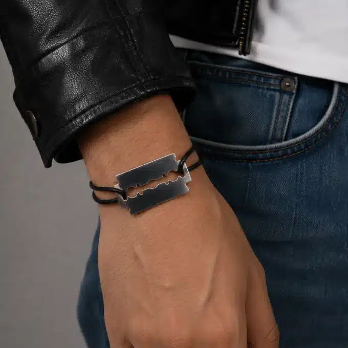 N4161a Bracelet homme lame de rasoir Acier inoxydable cuir réglable - Bijoux bracelets hommes en ligne Ninanina