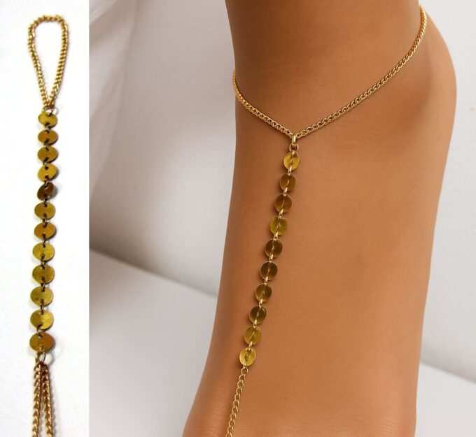 N4167b Chaine de Pied Femme en Acier Inoxydable Doré à Disques – Bijou Artisanal Fait Main -Bijoux de pieds en ligne Ninanina