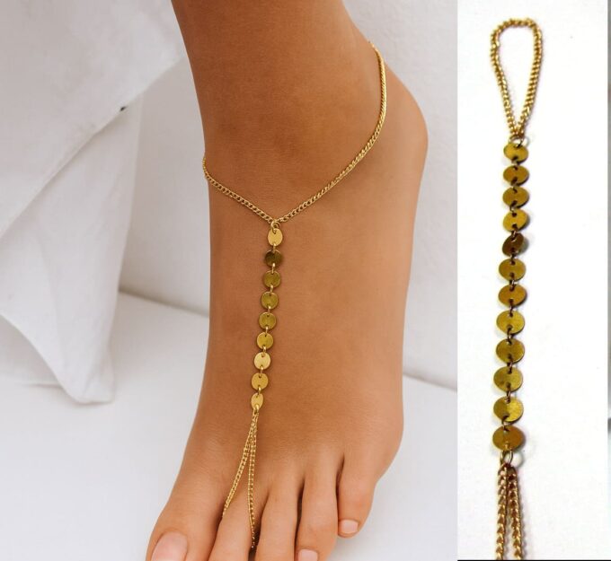 N4167c Chaine de Pied Femme en Acier Inoxydable Doré à Disques – Bijou Artisanal Fait Main -Bijoux de pieds en ligne Ninanina
