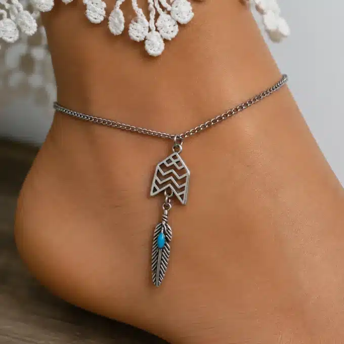 N4176a Chaine de cheville acier inoxydable plume howlite turquoise - Bijoux de pieds femmes en ligne Ninanina