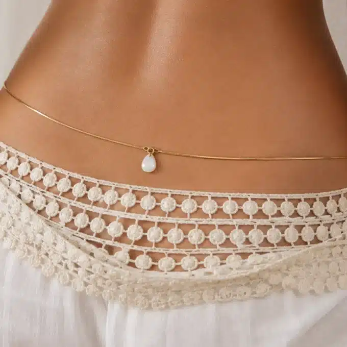 N4195c Chaine de taille Acier doré et goutte Nacre blanche - Bijoux de corps femmes en ligne NJinanina