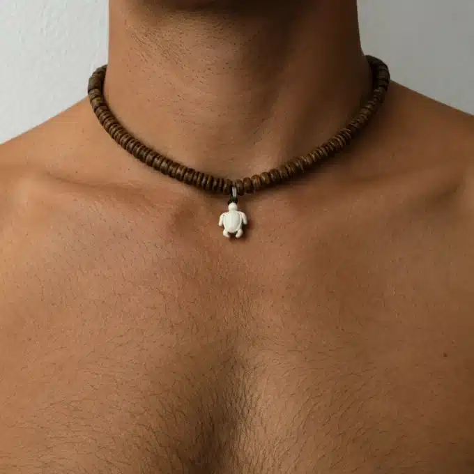 N4208 Collier Tortue homme howlite blanche rondelles bois - Bijoux colliers hommes en ligne Ninanina
