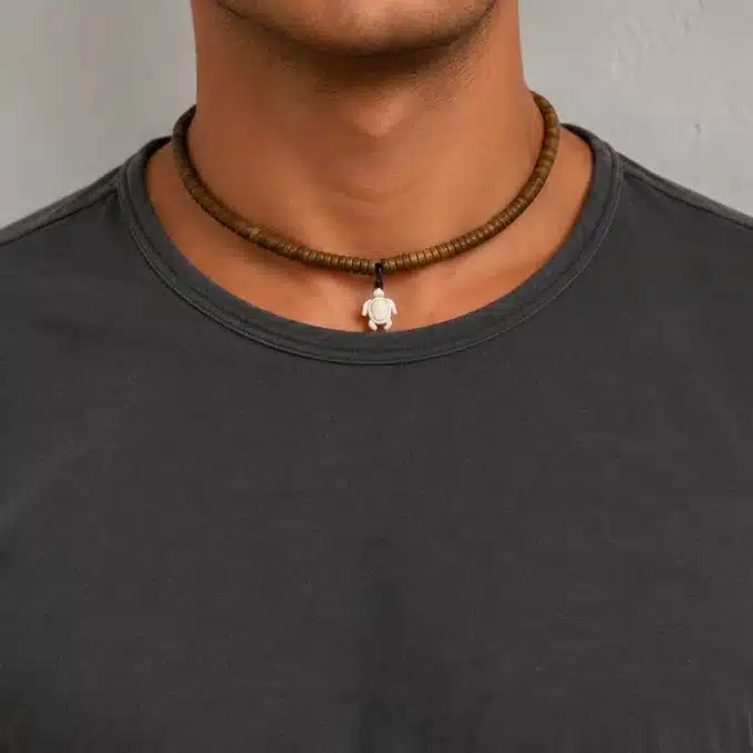 N4208a Collier Tortue homme howlite blanche rondelles bois - Bijoux colliers hommes en ligne Ninanina