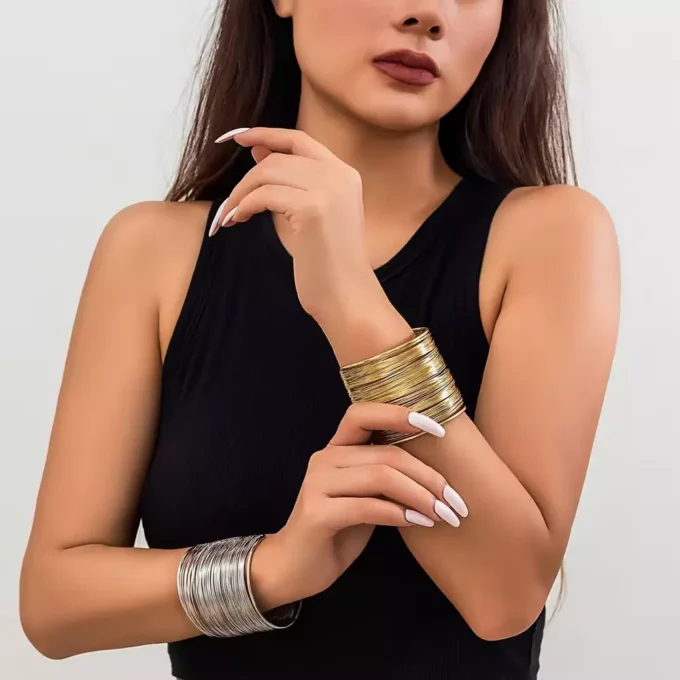 N4219d Bracelet Manchette dorée large fil or pour femme - Bijoux Bracelets en ligne Ninanina