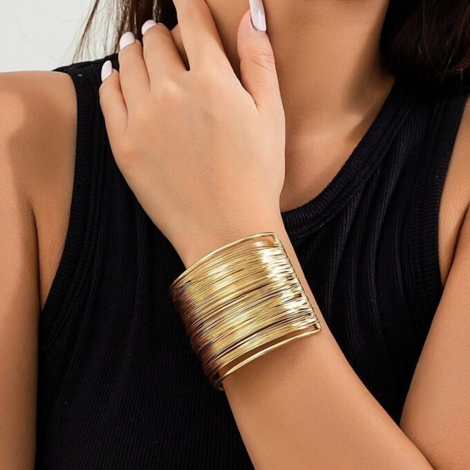 N4219h Bracelet Manchette femme doré multilignes - Bijoux Bracelets en ligne Ninanina