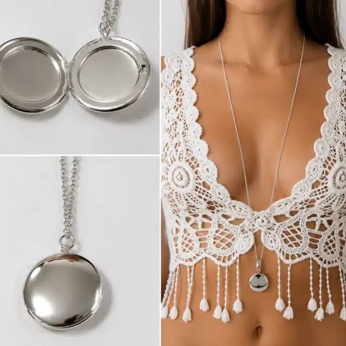 N4236 Collier Sautoir pendentif rond porte photo plaqué argent - Bijoux colliers femmes en ligne Ninanina
