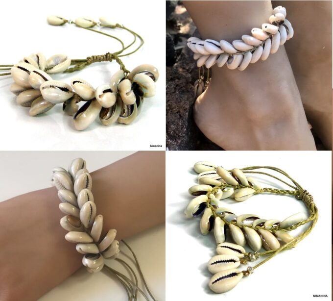 N4240a Chevillere coquillage cauri sur cordon réglable blanc - Bijoux de pied en ligne Ninanina