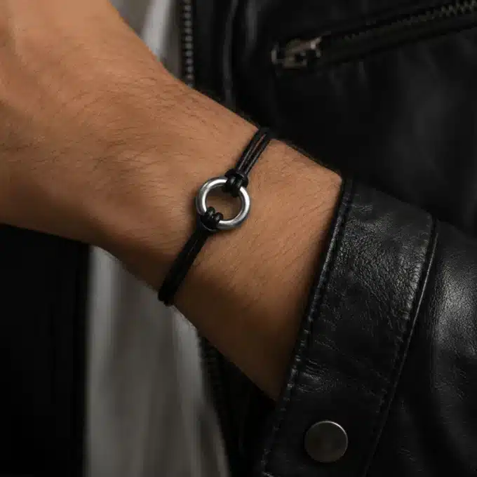 N4248a Bracelet homme anneau Acier chirurgical cordon cuir noir - Bijoux bracelets hommes en ligne Ninanina