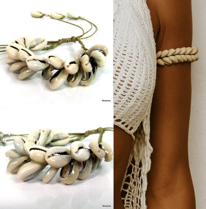 N4250b Bracelet pour biceps coquillages cauri grain de café blanc fait main en France - Bijoux Bracelets de bras en ligne Ninanina