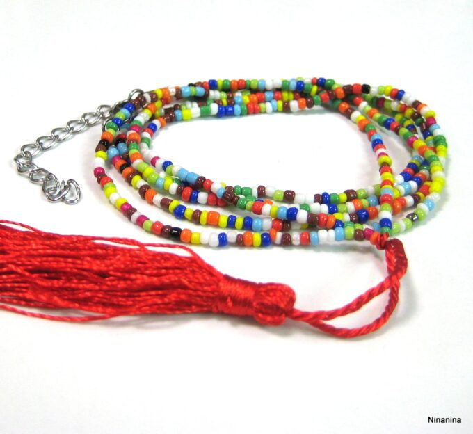 N4254a bracelet wrap rocaille multicolore pompon rouge