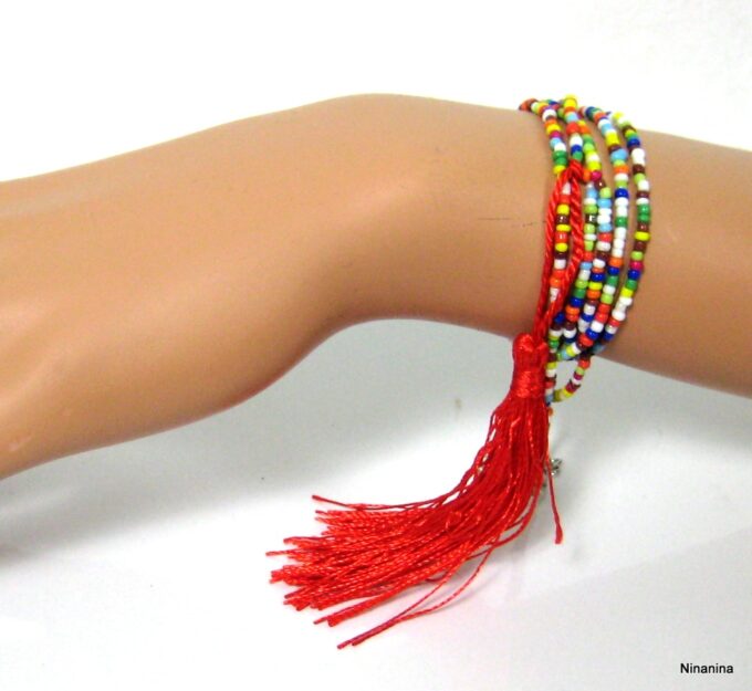 N4254d bracelet wrap rocaille multicolore pompon rouge