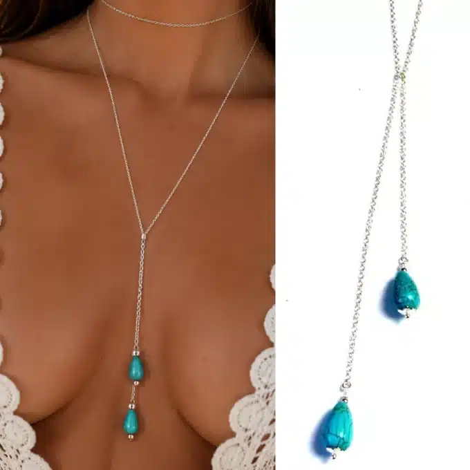 N4262d Collier long Argent 925 massif goutte Howlite turquoise - Bijoux colliers femmes en ligne Ninanina