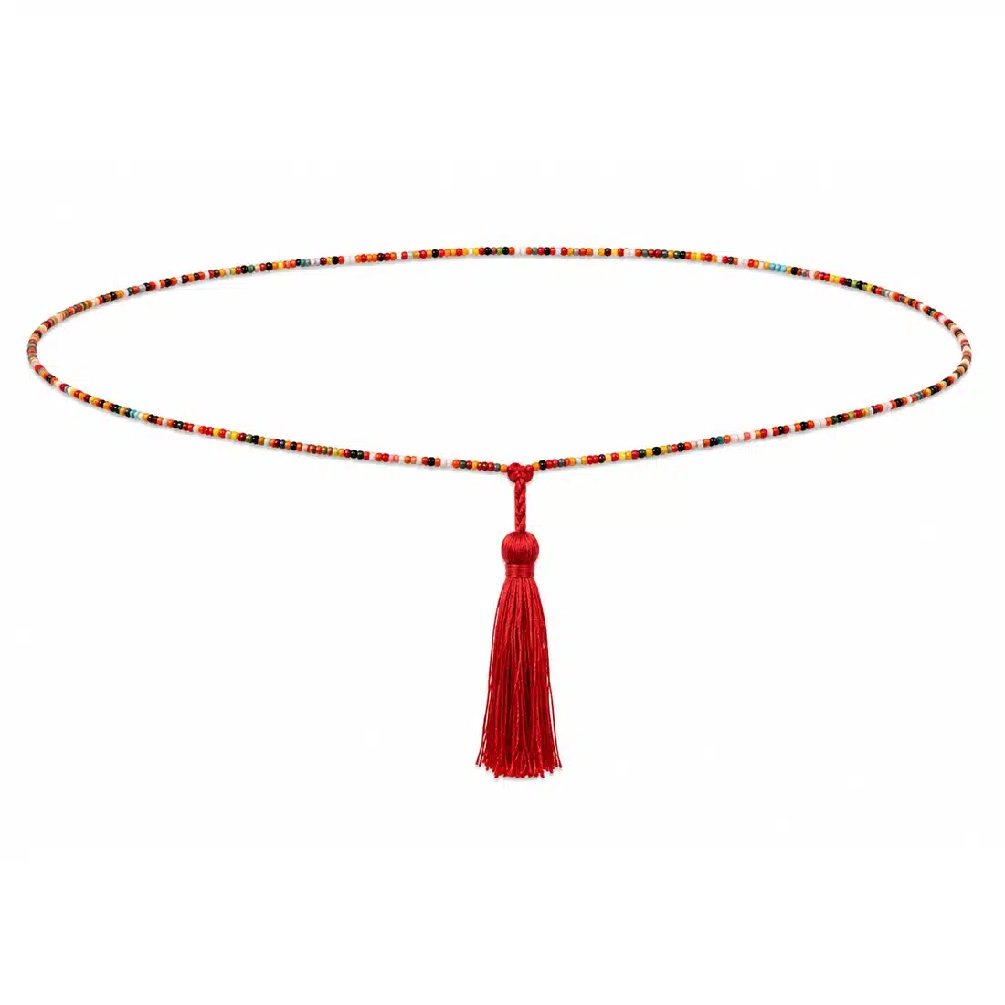 Chaine de taille perles multicolores pompon rouge boheme chic – Image 2