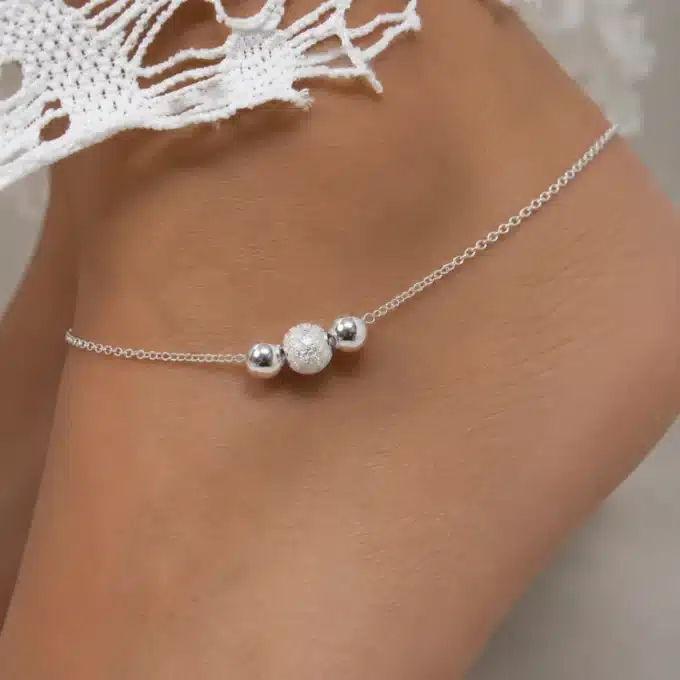 N4277 Chaine de cheville perle lisse et diamantée Argent 925 - Bijoux de pieds femmes en ligne Ninanina