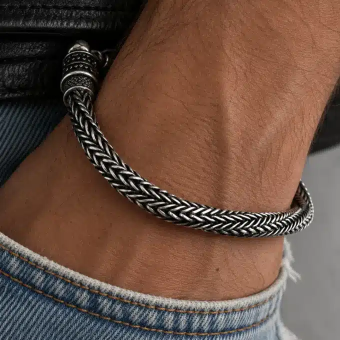 N4278a Bracelet homme maille serpent torsadée plaqué Argent - Bijoux bracelets hommes en ligne Ninanina