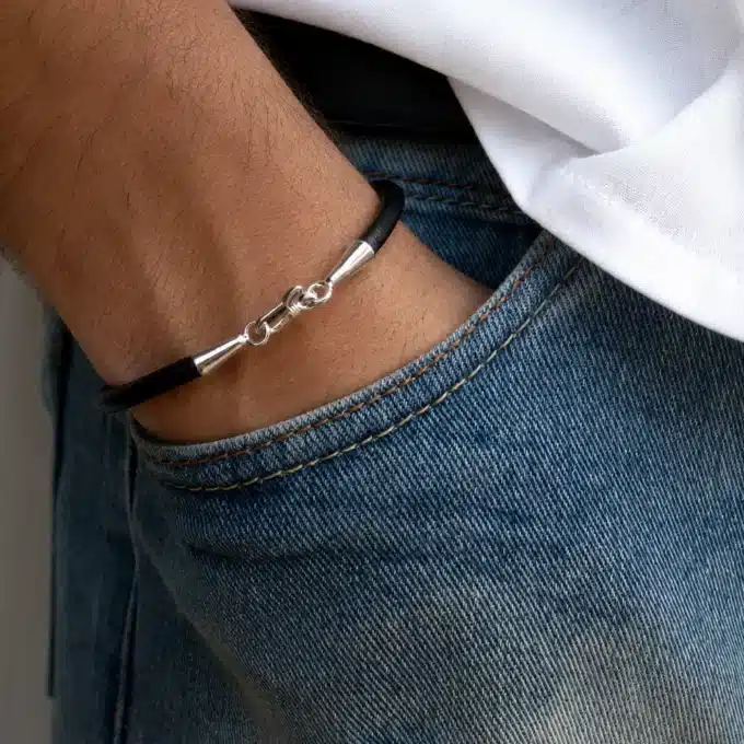 N4279a Bracelet artisanal cordon cuir fermoir crochet Plaqué Argent - Bijoux bracelets en ligne Ninanina