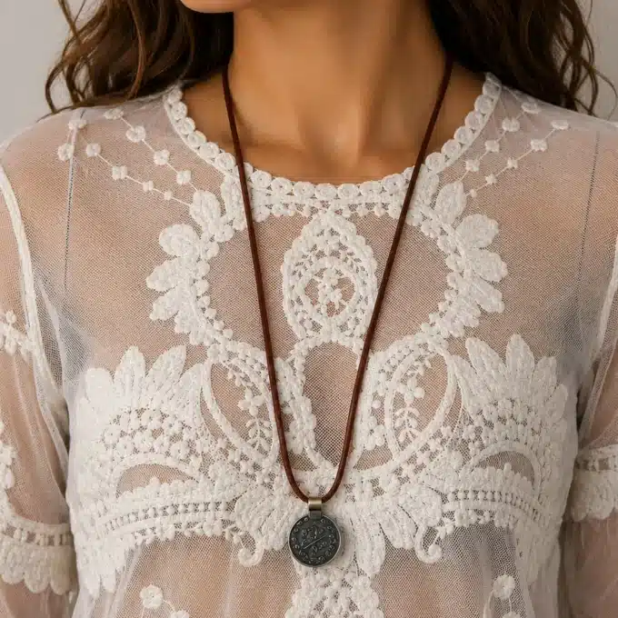 N4281 Collier femme long pendentif grande pièce tribale cordon cuir - Bijoux colliers femmes en ligne Ninanina