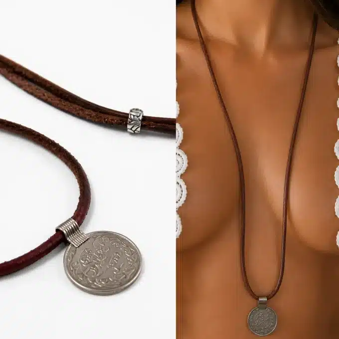 N4281c Collier femme long pendentif grande pièce tribale cordon cuir - Bijoux colliers femmes en ligne Ninanina