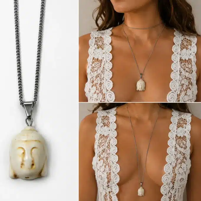 N4284 Collier bouddha blanc - Sautoir Acier inoxydable argent - Bijoux colliers femmes en ligne Ninanina