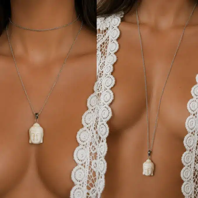 N4284b Collier bouddha blanc - Sautoir Acier inoxydable argent - Bijoux colliers femmes en ligne Ninanina