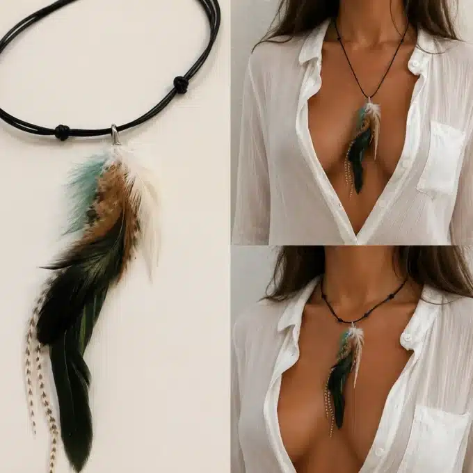 N4285b Collier femme boheme plumes longues cordon cuir réglable - Bijoux colliers femmes en ligne Ninanina