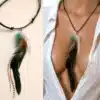 N4285c Collier femme boheme plumes longues cordon cuir réglable - Bijoux colliers femmes en ligne Ninanina