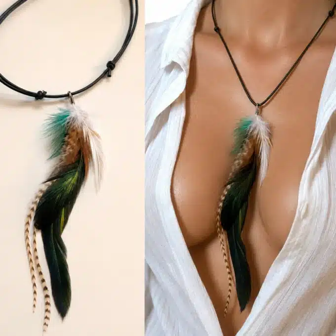 N4285c Collier femme boheme plumes longues cordon cuir réglable - Bijoux colliers femmes en ligne Ninanina