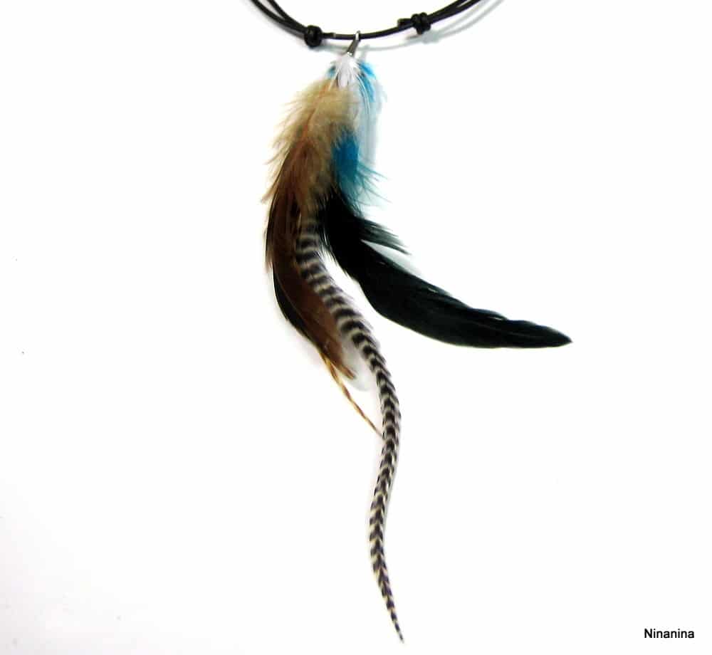 Collier femme boheme plumes longues cordon cuir réglable – Image 2