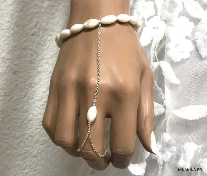 N4294 Bracelet poignet bague argent 925 et nacre - chaine de main - Bijoux Bracelets en ligne Ninanina