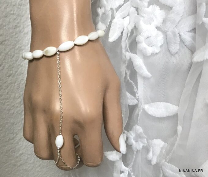 N4294a Bracelet poignet bague argent 925 et nacre - chaine de main - Bijoux Bracelets en ligne Ninanina