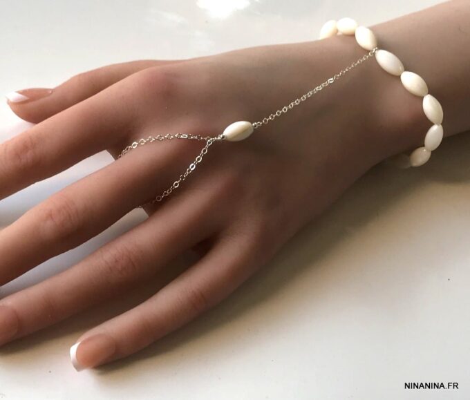 N4294f Bracelet poignet bague argent 925 et nacre - chaine de main - Bijoux Bracelets en ligne Ninanina