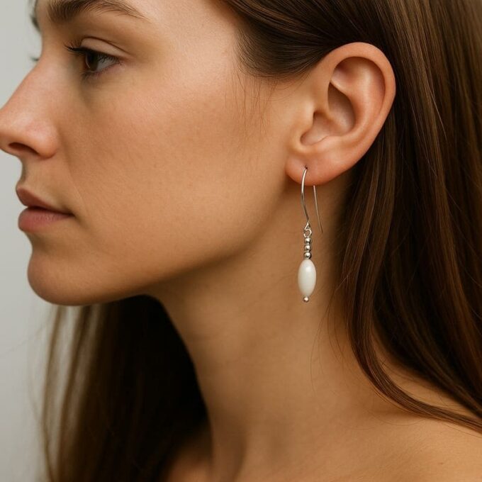 N4301a Boucles D oreilles Argent 925 massif Artisanales pour Femme - Pendentif forme Goutte en Nacre Blanche - Bijoux d'oreille en ligne Ninanina