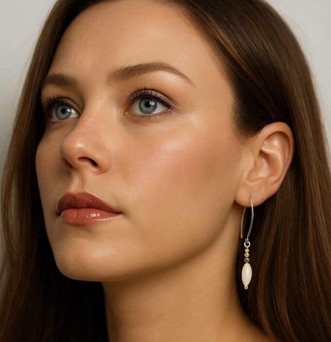 N4301b Boucles D oreilles Argent 925 massif Artisanales pour Femme - Pendentif forme Goutte en Nacre Blanche - Bijoux d'oreille en ligne Ninanina