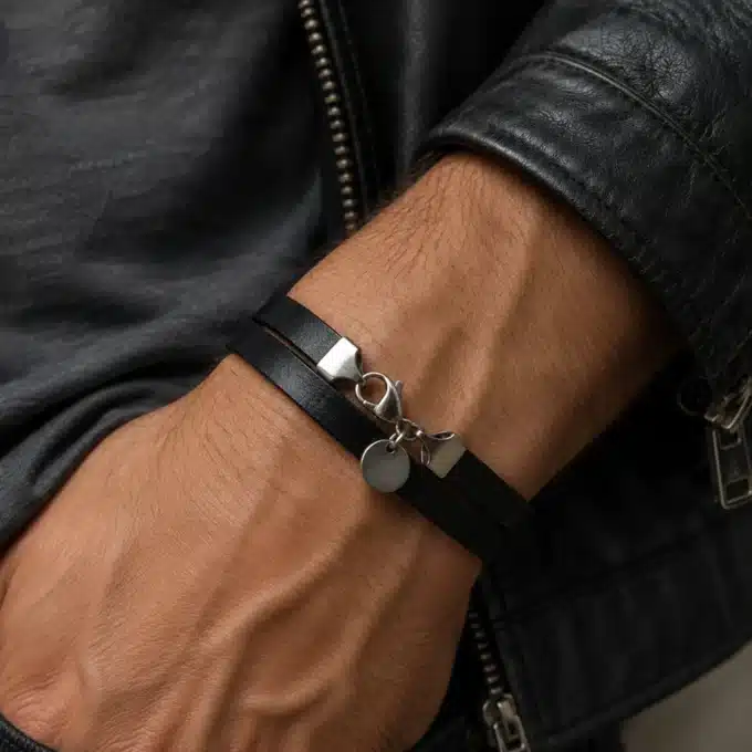 N4304 Bracelet homme cuir 2 tours fermoir Acier inoxydable argenté - Bijoux bracelets hommes en ligne Ninanina