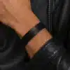 N4304b Bracelet homme cuir 2 tours fermoir Acier inoxydable argenté - Bijoux bracelets hommes en ligne Ninanina
