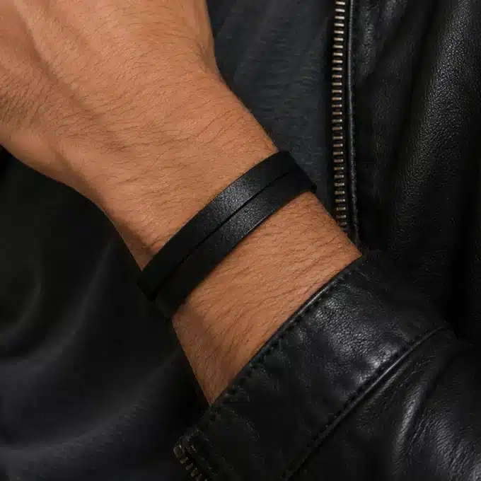 N4304b Bracelet homme cuir 2 tours fermoir Acier inoxydable argenté - Bijoux bracelets hommes en ligne Ninanina