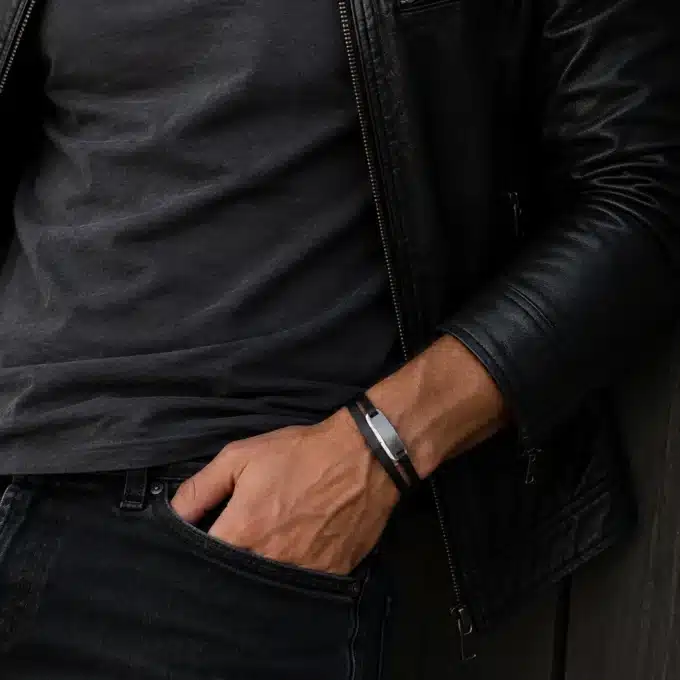 N4319 Bracelet homme cuir deux tours plaque Acier inoxydable argenté - Bijoux bracelets hommes en ligne Ninanina