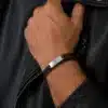 N4319a Bracelet homme cuir deux tours plaque Acier inoxydable argenté - Bijoux bracelets hommes en ligne Ninanina