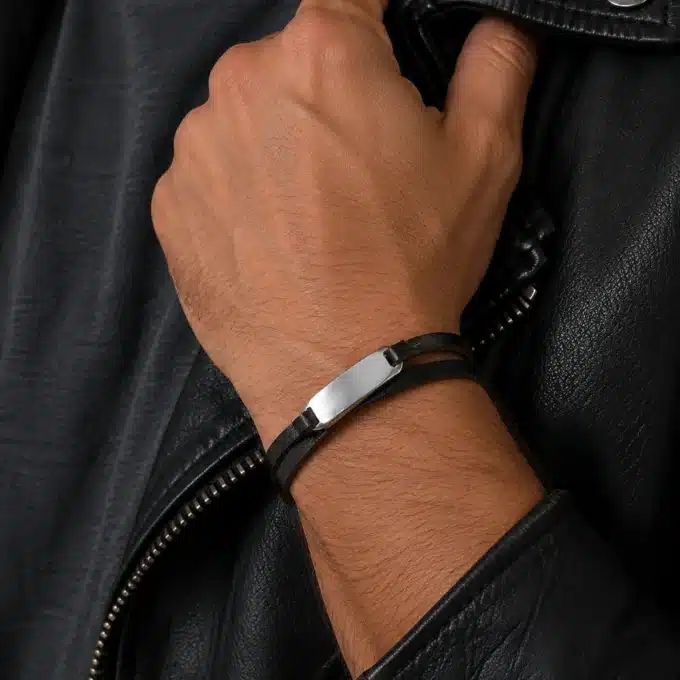 N4319a Bracelet homme cuir deux tours plaque Acier inoxydable argenté - Bijoux bracelets hommes en ligne Ninanina