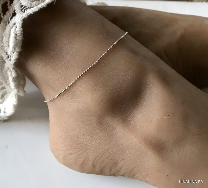 N4322 Chaine de cheville en argent 925 massif maille boule femme - Bijoux de pied en ligne Ninanina