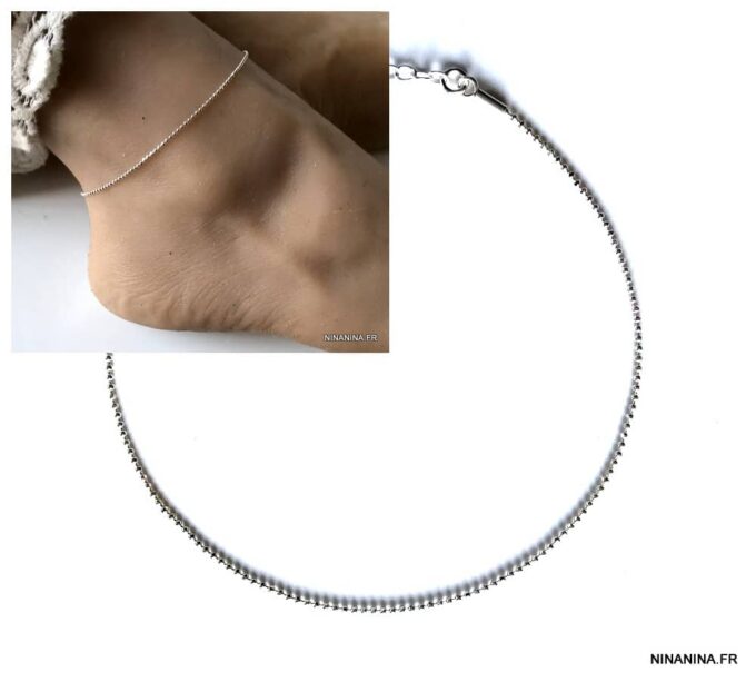 N4322a Chaine de cheville en argent 925 massif maille boule femme - Bijoux de pied en ligne Ninanina
