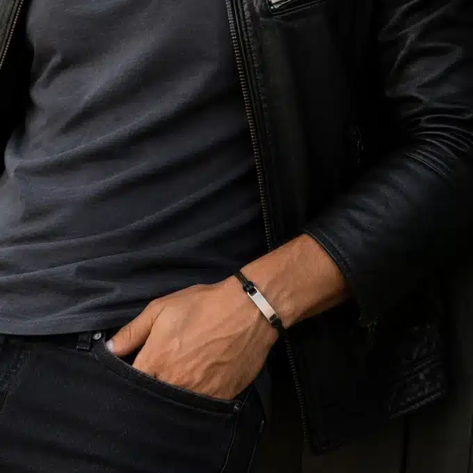 N4323 Bracelet Gourmette Homme Plaque Acier inoxydable Cordon Cuir - Bijoux bracelets hommes en ligne Ninanina