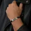 N4323a Bracelet Gourmette Homme Plaque Acier inoxydable Cordon Cuir - Bijoux bracelets hommes en ligne Ninanina