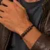 N4329 Bracelet homme perles bois Argent 925 cordon cuir ajustable - Bijoux bracelets hommes en ligne Ninanina