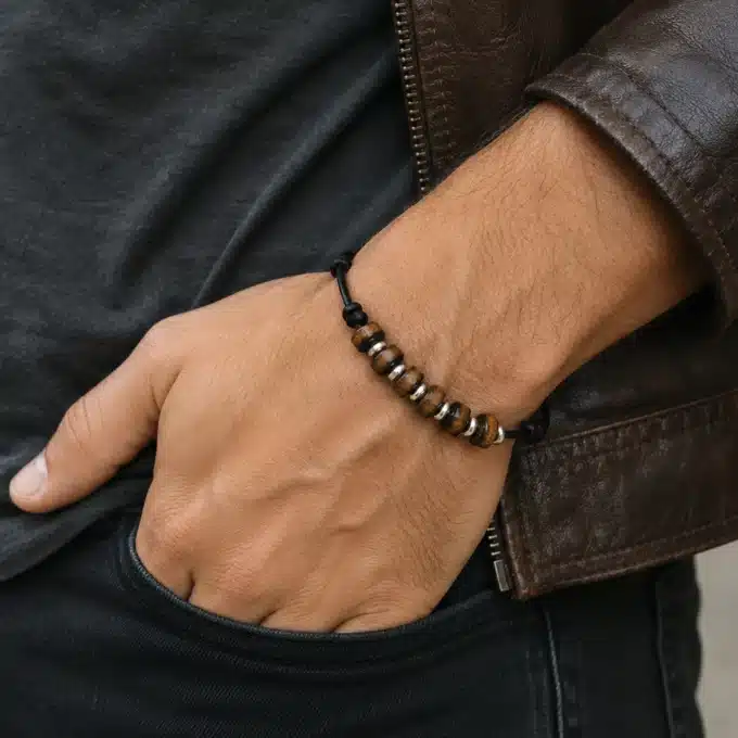 N4329a Bracelet homme perles bois Argent 925 cordon cuir ajustable - Bijoux bracelets hommes en ligne Ninanina