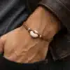 N4338 Bracelet homme grosse perle blanche Argent 925 cordon cuir - Bijoux bracelets hommes en ligne Ninanina