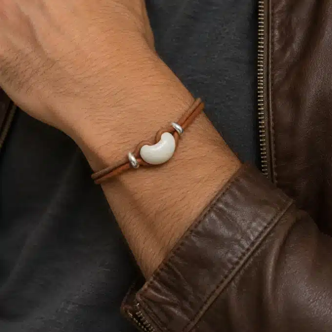 N4338a Bracelet homme grosse perle blanche Argent 925 cordon cuir - Bijoux bracelets hommes en ligne Ninanina