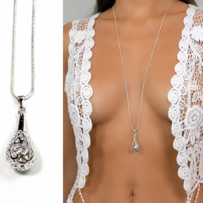 N4343c Collier femme pendentif goutte plaqué Argent filigrané - Bijoux colliers femmes en ligne Ninanina