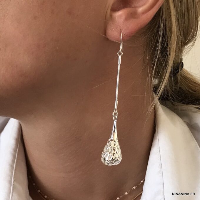 N4344a boucles d'oreilles pendantes goutte filigranées plaqué argent - Bijoux Boucles d'oreilles en ligne Ninanina